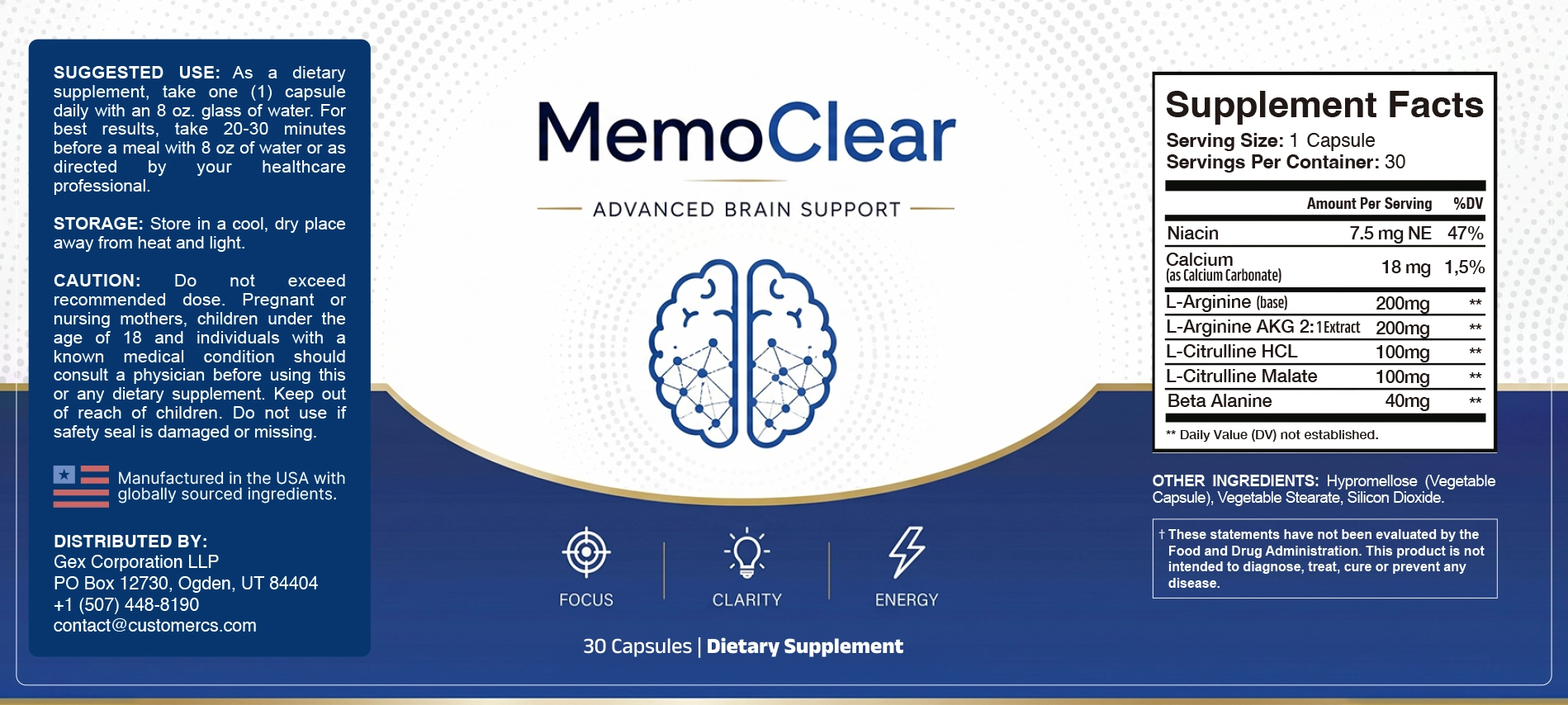 MemoClear supplement facts label showing brain health ingredient list and dosage